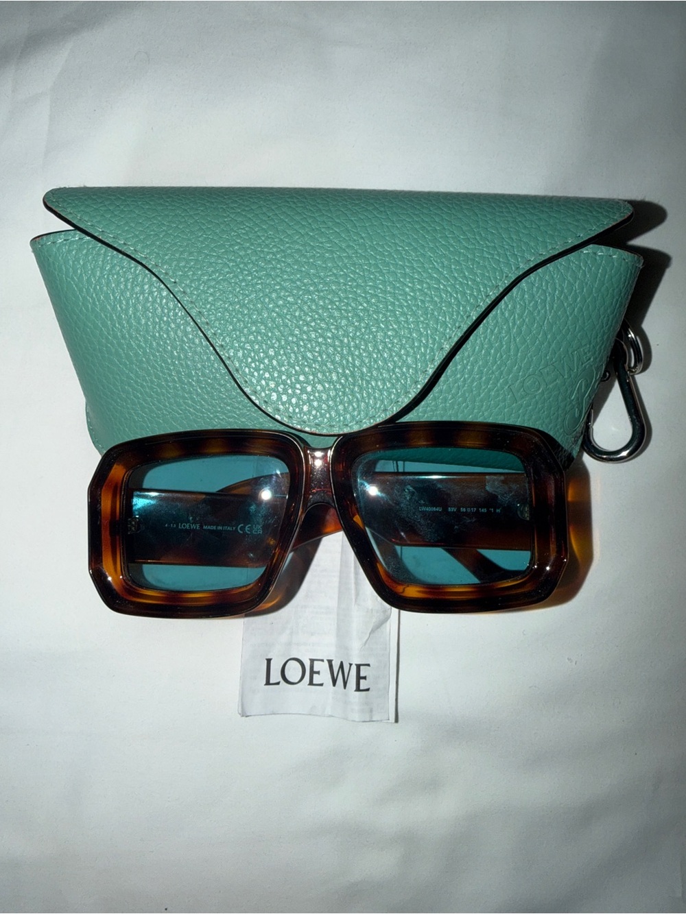 LOEWE Teal Leather Sunglasses Case with Tortoiseshell Sunglasses and Blue Lenses
